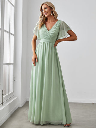 Deep V Neck Ruffle Sleeve Chiffon Gown Size 18 Style 0164AM - MISS LESTER'S