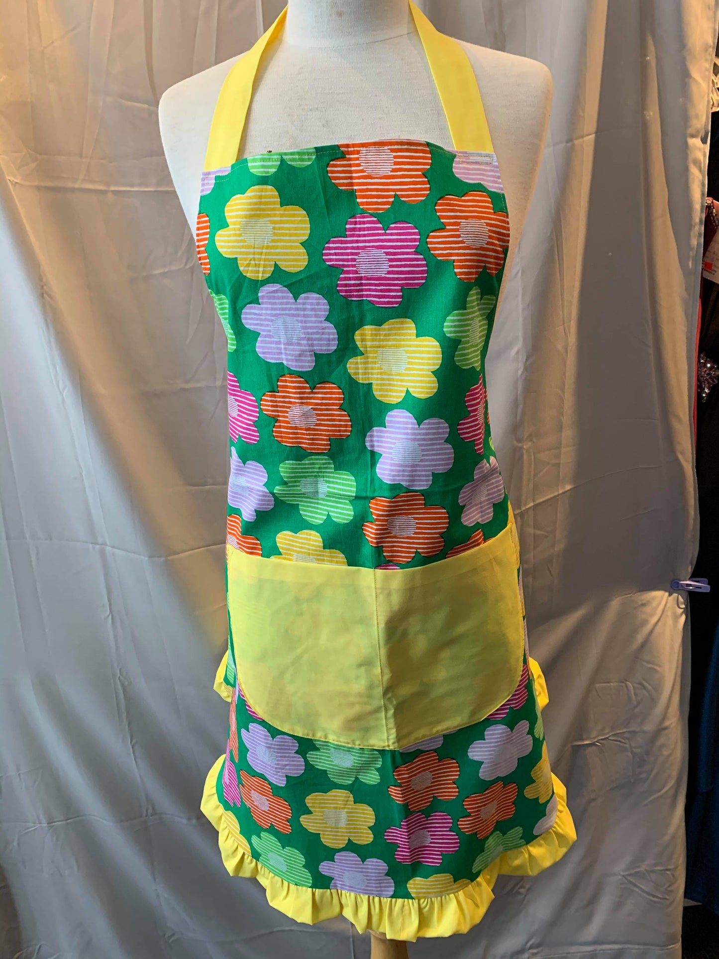 Green Floral Apron With Yellow Ruffles One Size Style AP07 - MISS LESTER'S
