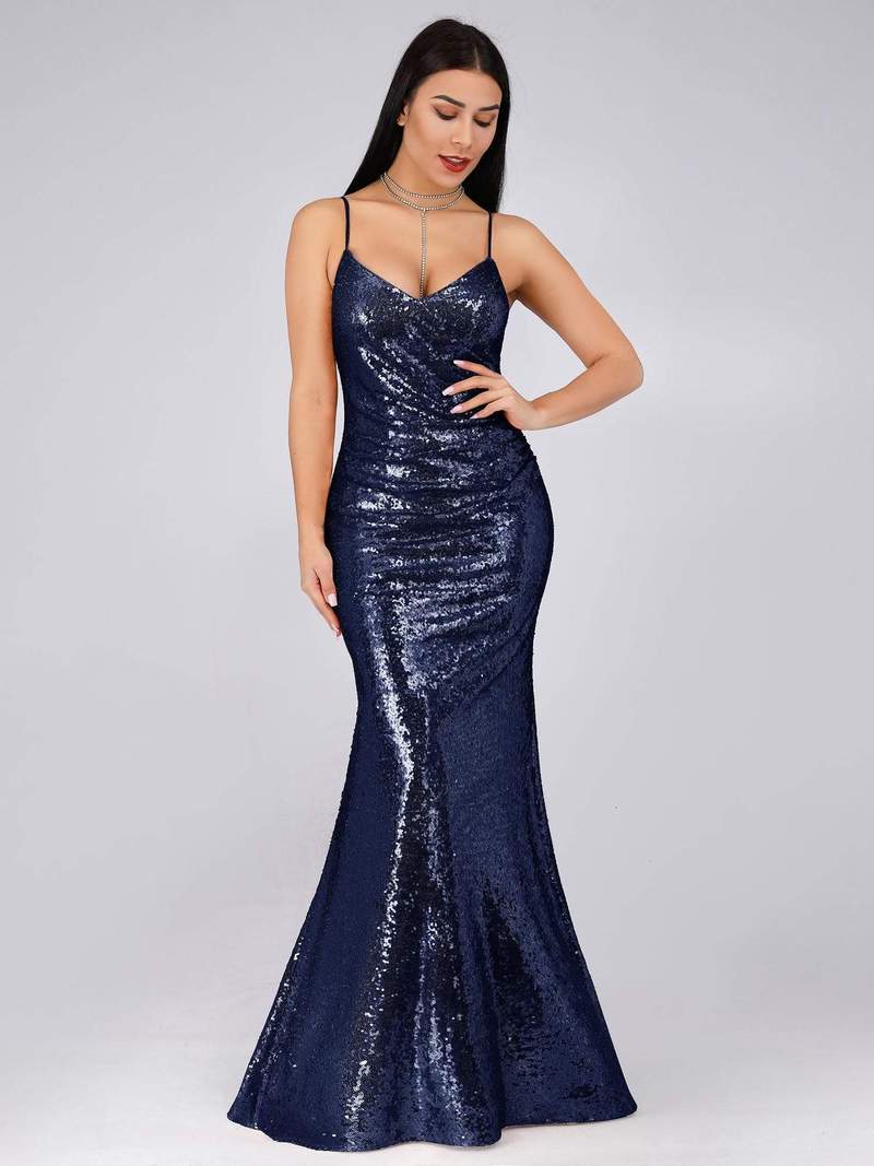 Spaghetti Straps Fishtail Sequin Evening Gown Style 07339