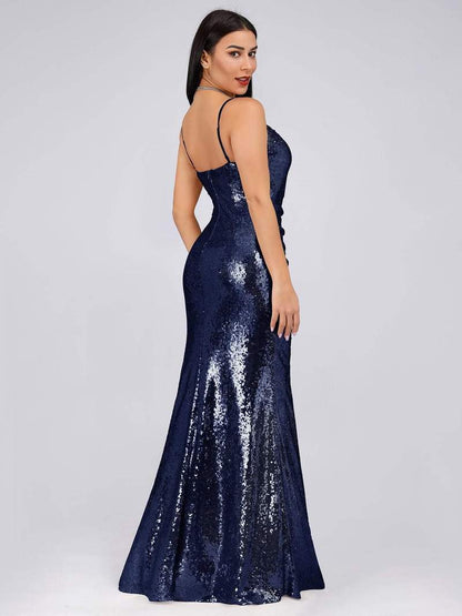 Spaghetti Straps Fishtail Sequin Evening Gown Style 07339