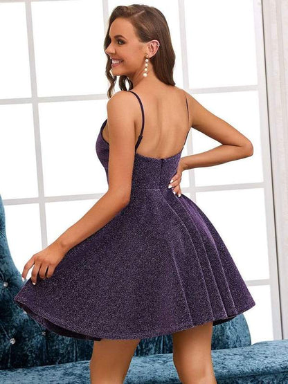 Short Shimmer Purple V-Neck Grad Dress Style 12403 - MISS LESTER'S 
