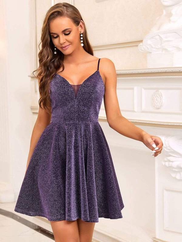 Short Shimmer Purple V-Neck Grad Dress Style 12403 - MISS LESTER'S 