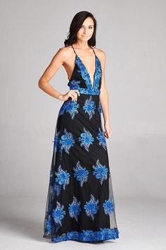 Spaghetti Strap Tulle Black Blue Flowers Long Gown Size S Style 506551 - MISS LESTER'S 