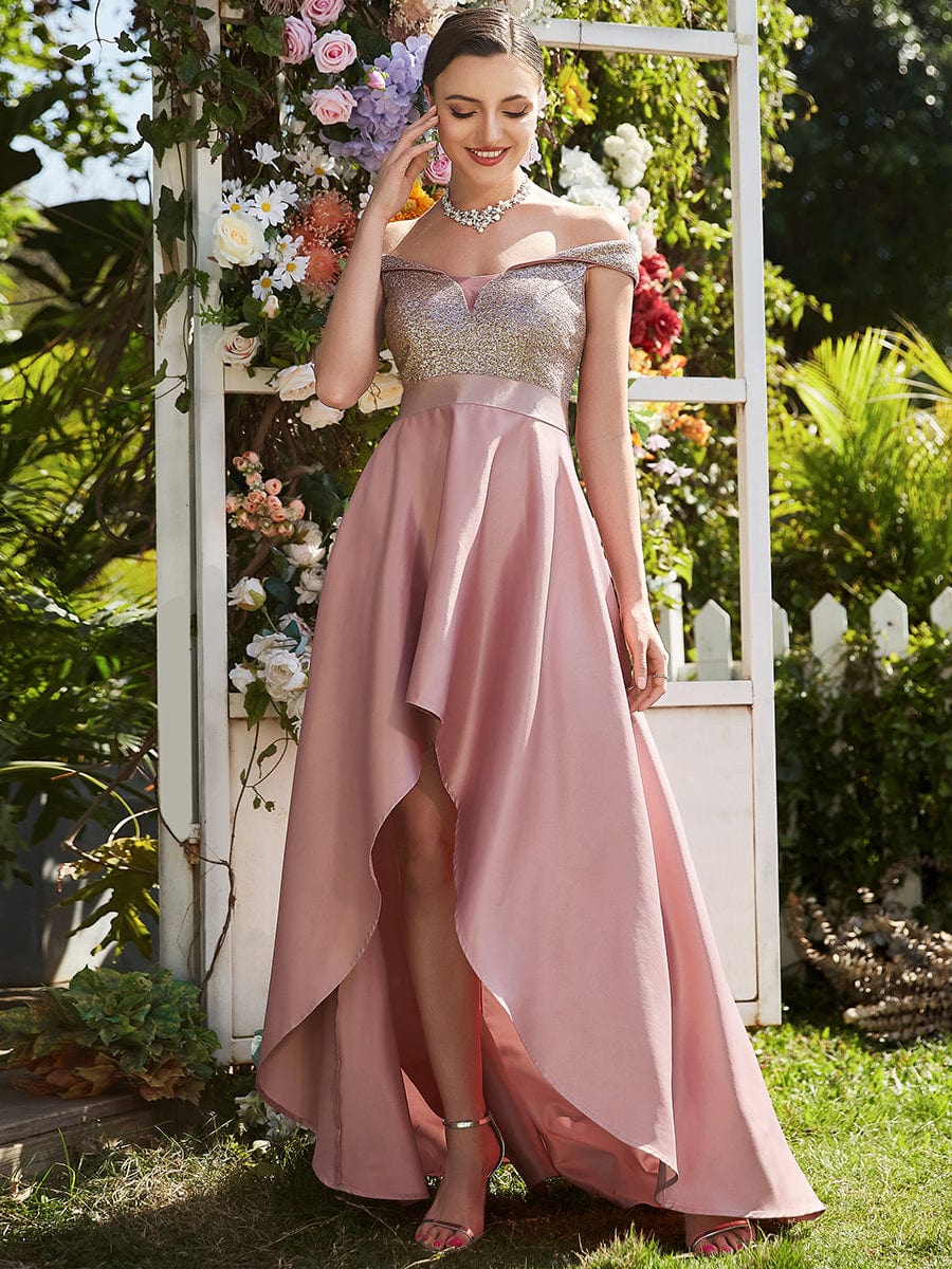 A Line Off Shoulder Evening Dress with Asymmetrical Hem Size 10 Style 006363B - MISS LESTER'S 