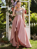 A Line Off Shoulder Evening Dress with Asymmetrical Hem Size 10 Style 006363B