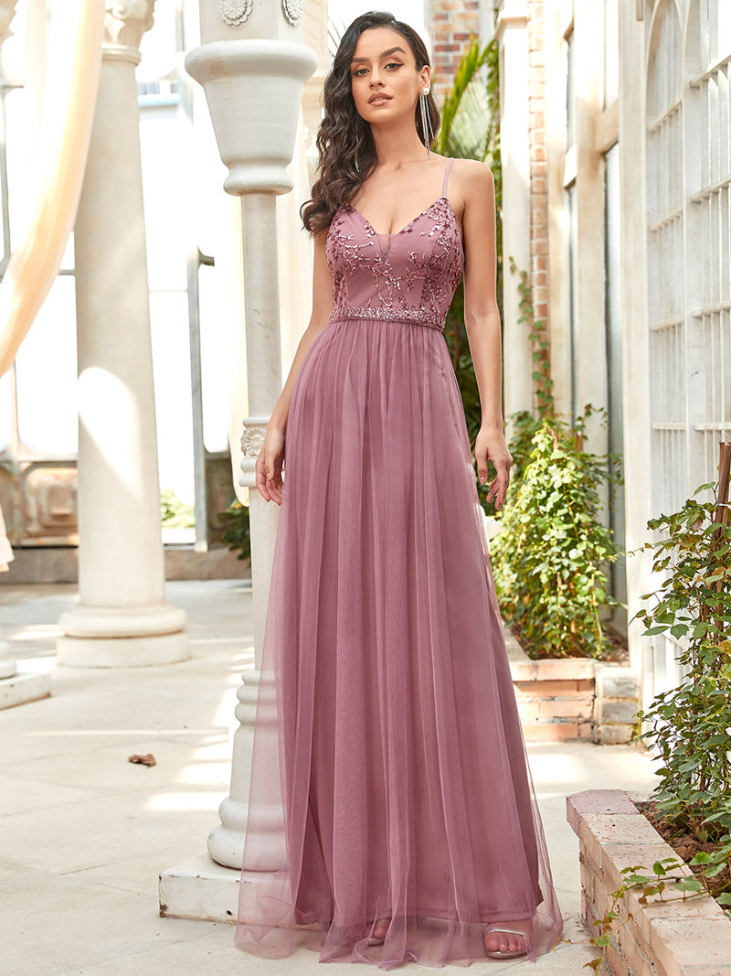Spaghetti Strap with  Applice and Tulle Long Gown  50062 - MISS LESTER'S 