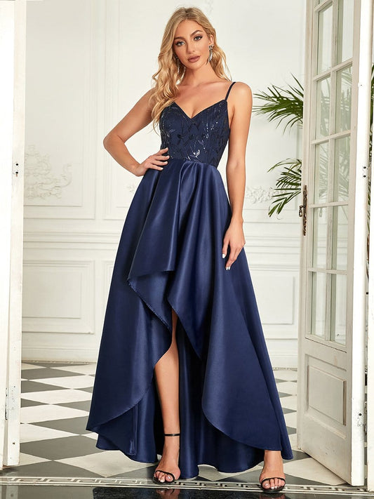V Neck Spaghetti Strap High Low  Gown  Size 12 Style 50175 - MISS LESTER'S 