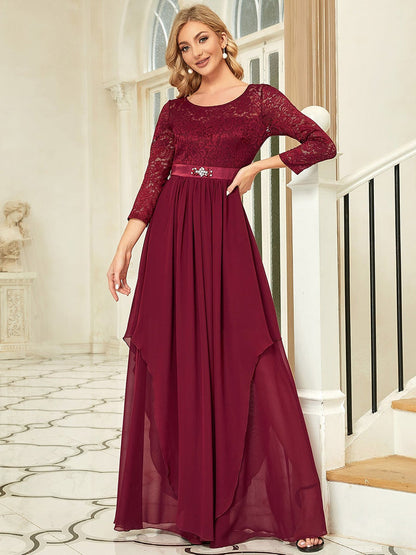 Round Neck Chiffon Dress With Long Lace Sleeves - MISS LESTER'S 