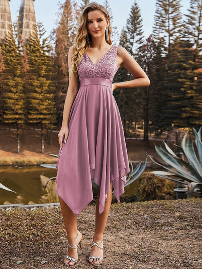 V Neck Lace Chiffon Prom Dress 00207 - MISS LESTER'S 
