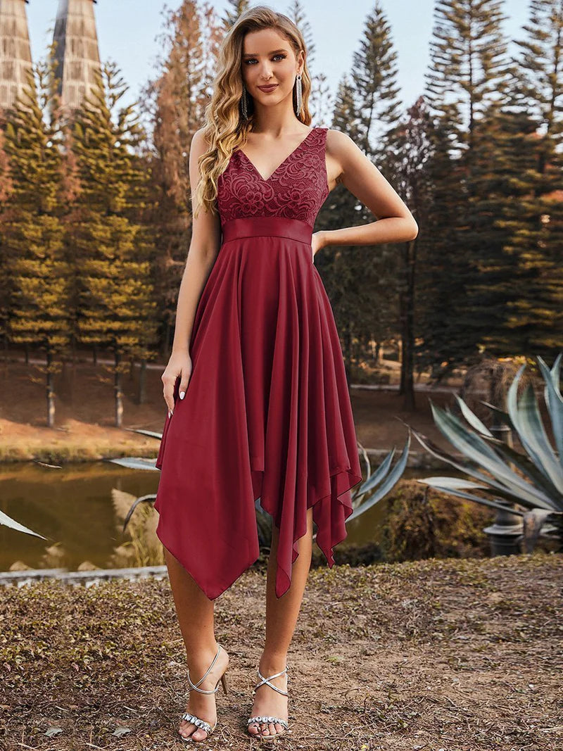 V Neck Lace Chiffon Prom Dress 00207 - MISS LESTER'S 