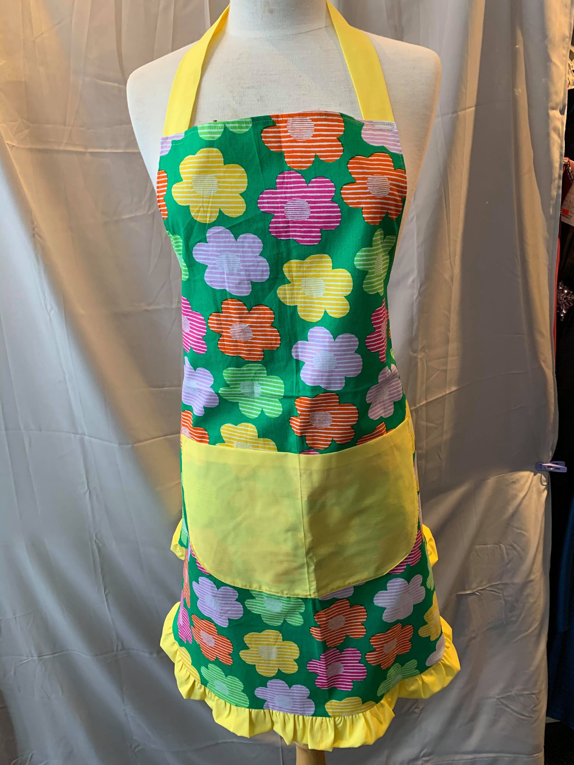 Green Floral Apron With Yellow Ruffles One Size Style AP07 - MISS LESTER'S 